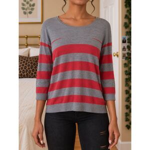 Robin K Women Pullover Sweater Size M Red Grey Striped Lightweight